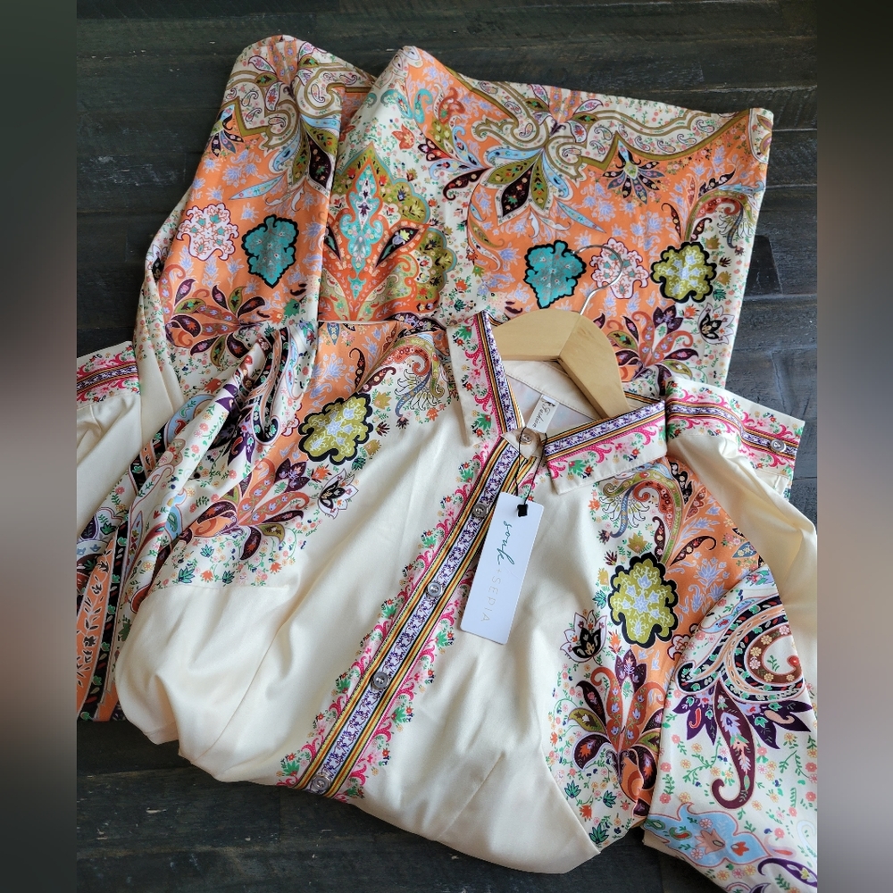 Souk + Sepia Button Belted Boho Western Dresss NWT Paisley Print Designer - Picture 9 of 11